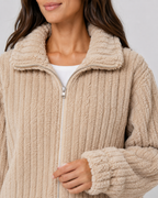 Women's Ribbed Fleece Zip Jacket - Plush Collar Relaxed Fit