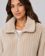 Women's Ribbed Fleece Zip Jacket - Plush Collar Relaxed Fit