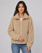 Women's Ribbed Fleece Zip Jacket - Plush Collar Relaxed Fit