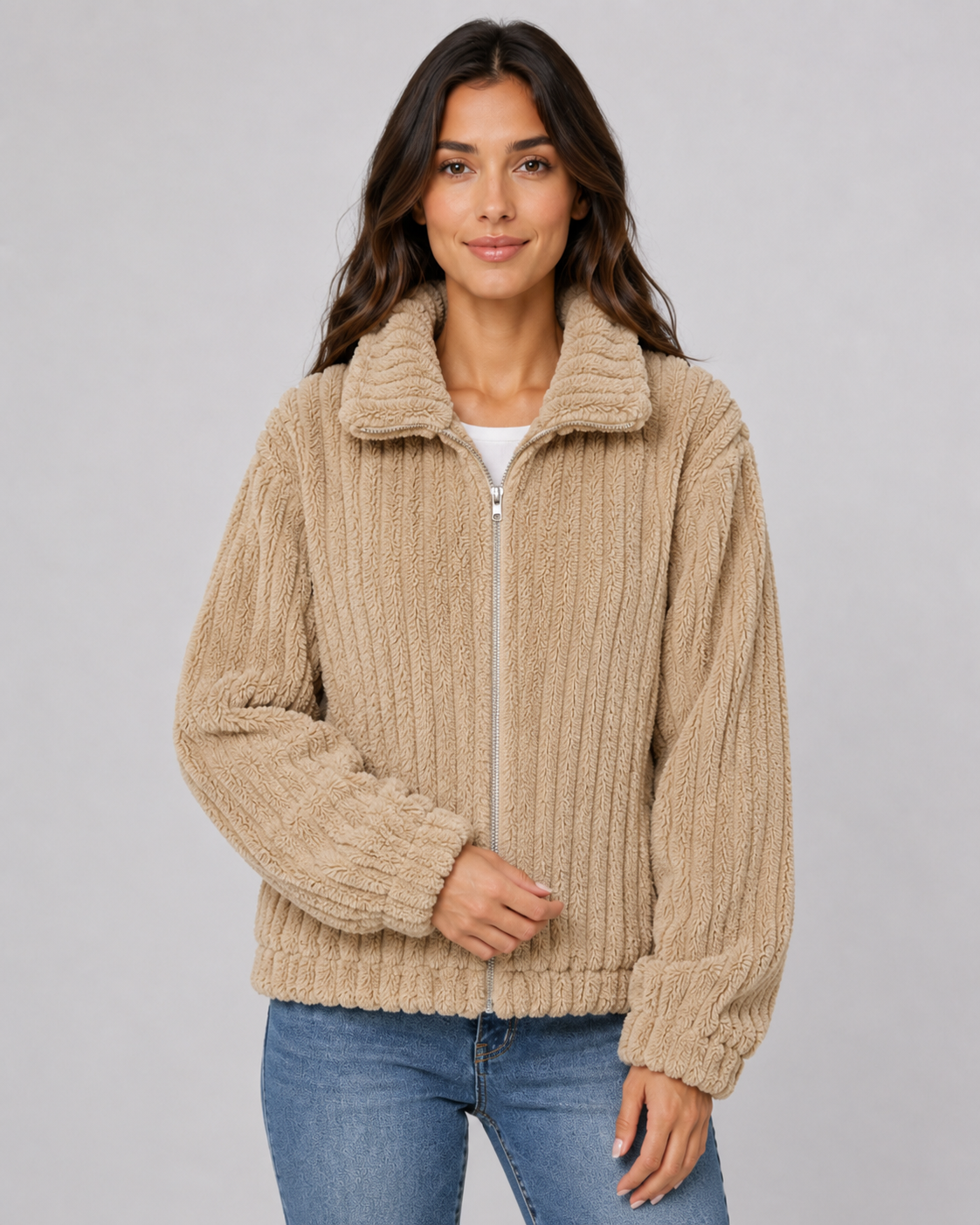 Women's Ribbed Fleece Zip Jacket - Plush Collar Relaxed Fit