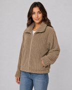 Women's Ribbed Fleece Zip Jacket - Plush Collar Relaxed Fit