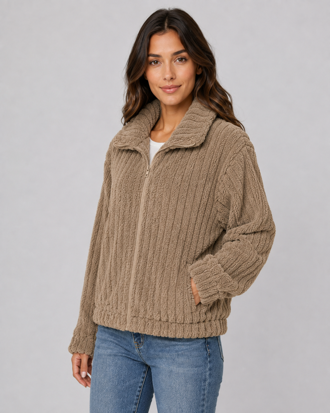 Women's Ribbed Fleece Zip Jacket - Plush Collar Relaxed Fit