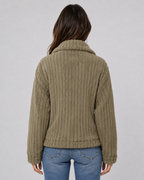 Women's Ribbed Fleece Zip Jacket - Plush Collar Relaxed Fit