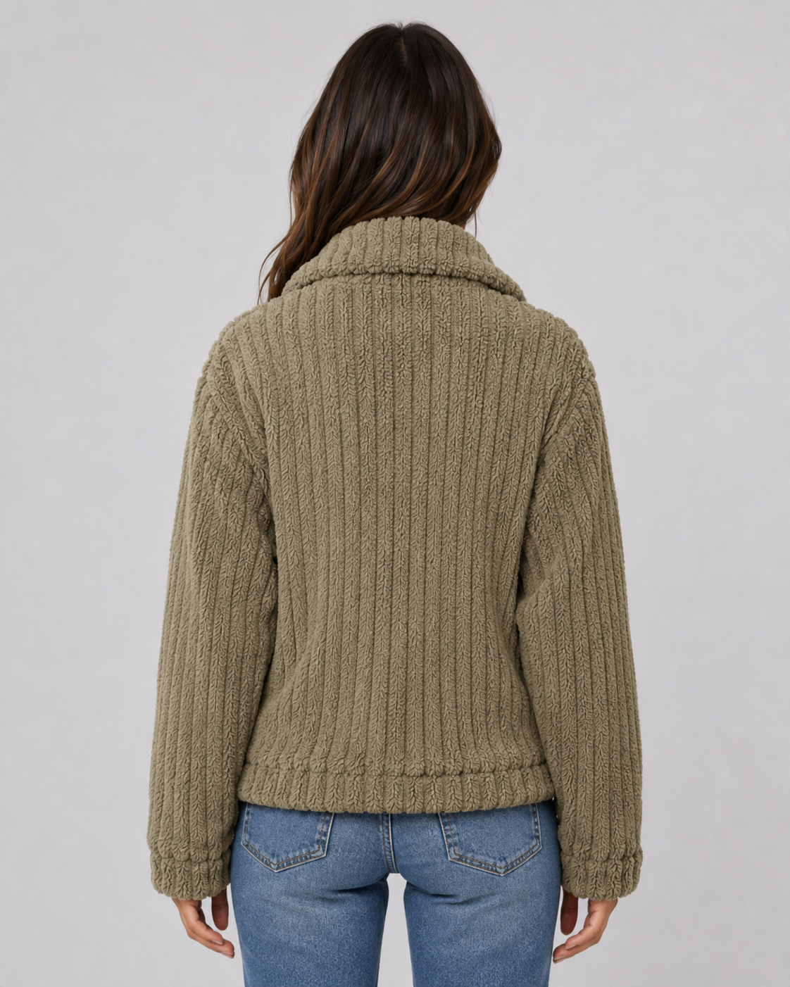Women's Ribbed Fleece Zip Jacket - Plush Collar Relaxed Fit