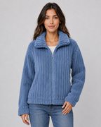 Women's Ribbed Fleece Zip Jacket - Plush Collar Relaxed Fit