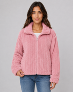 Women's Ribbed Fleece Zip Jacket - Plush Collar Relaxed Fit