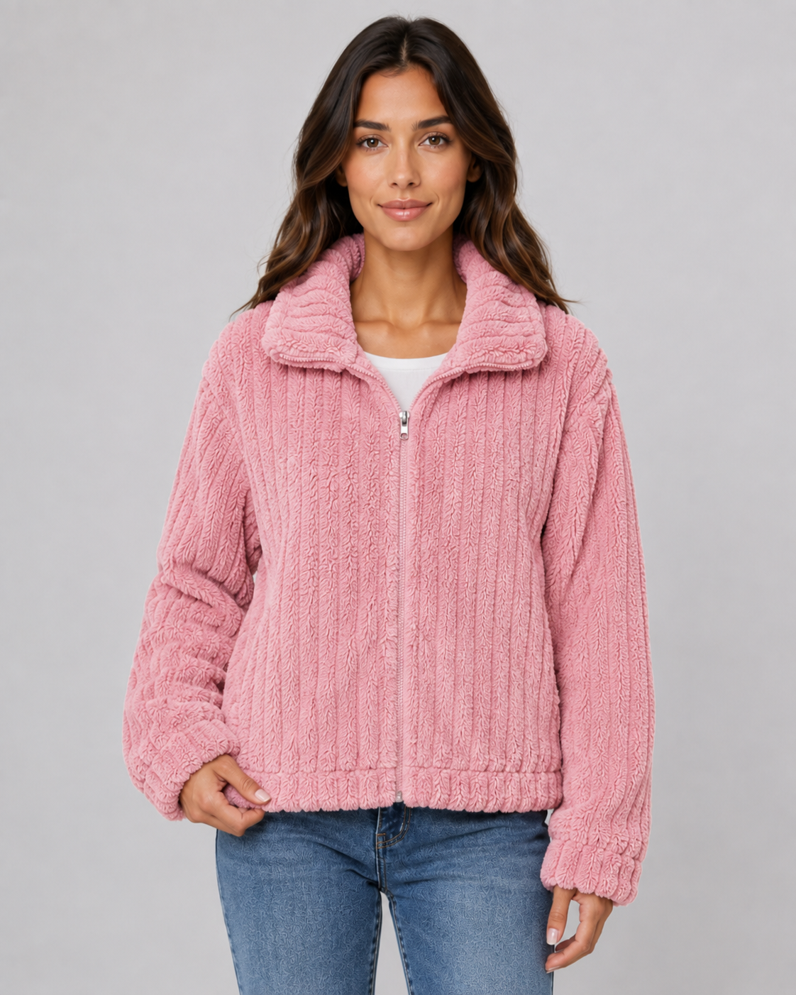 Women's Ribbed Fleece Zip Jacket - Plush Collar Relaxed Fit