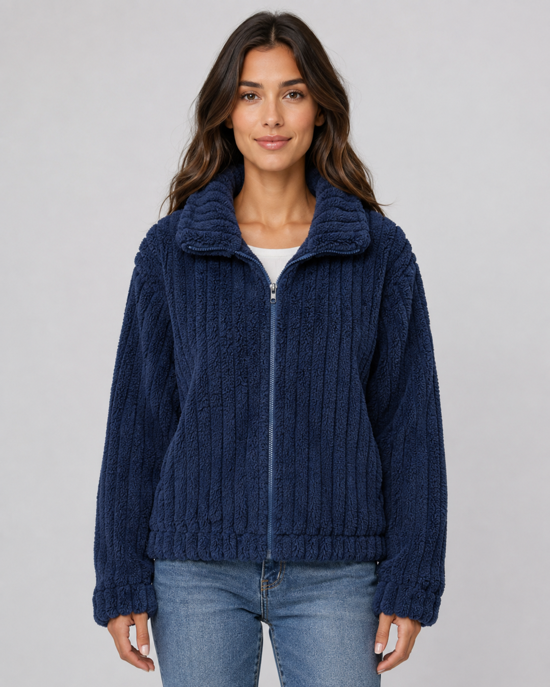 Women's Ribbed Fleece Zip Jacket - Plush Collar Relaxed Fit