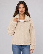 Women's Ribbed Fleece Zip Jacket - Plush Collar Relaxed Fit