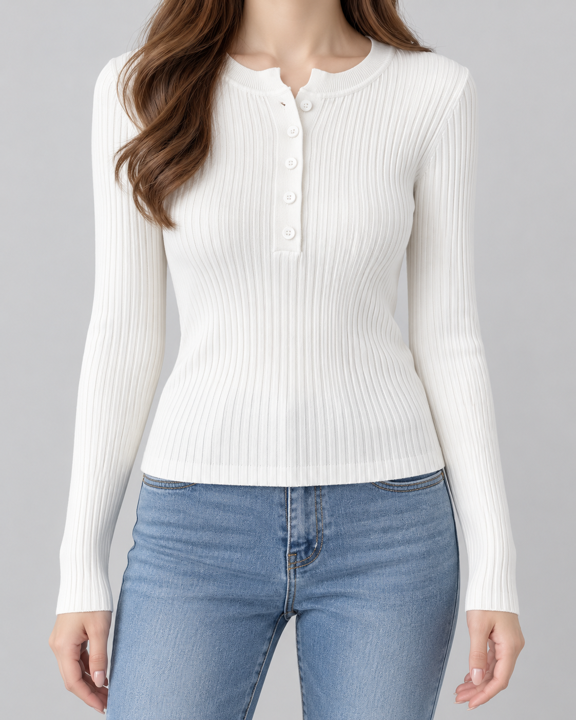Women's Ribbed Henley Knit Top – Slim Fit Long Sleeve Button Neck