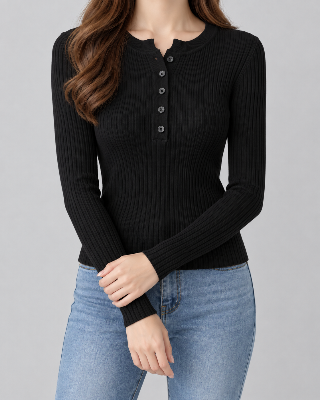Women's Ribbed Henley Knit Top – Slim Fit Long Sleeve Button Neck