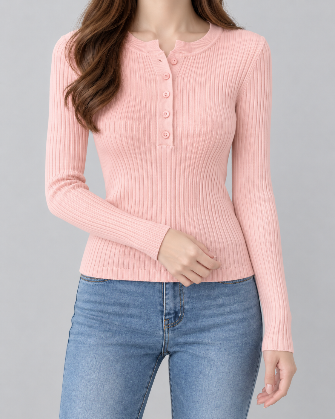 Women's Ribbed Henley Knit Top – Slim Fit Long Sleeve Button Neck
