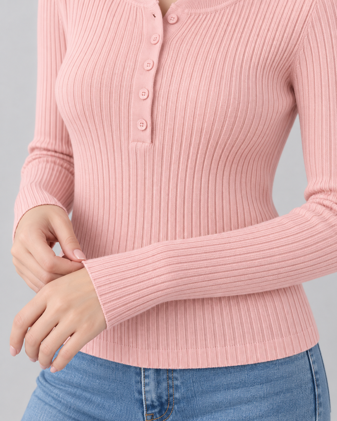 Women's Ribbed Henley Knit Top – Slim Fit Long Sleeve Button Neck