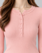 Women's Ribbed Henley Knit Top – Slim Fit Long Sleeve Button Neck