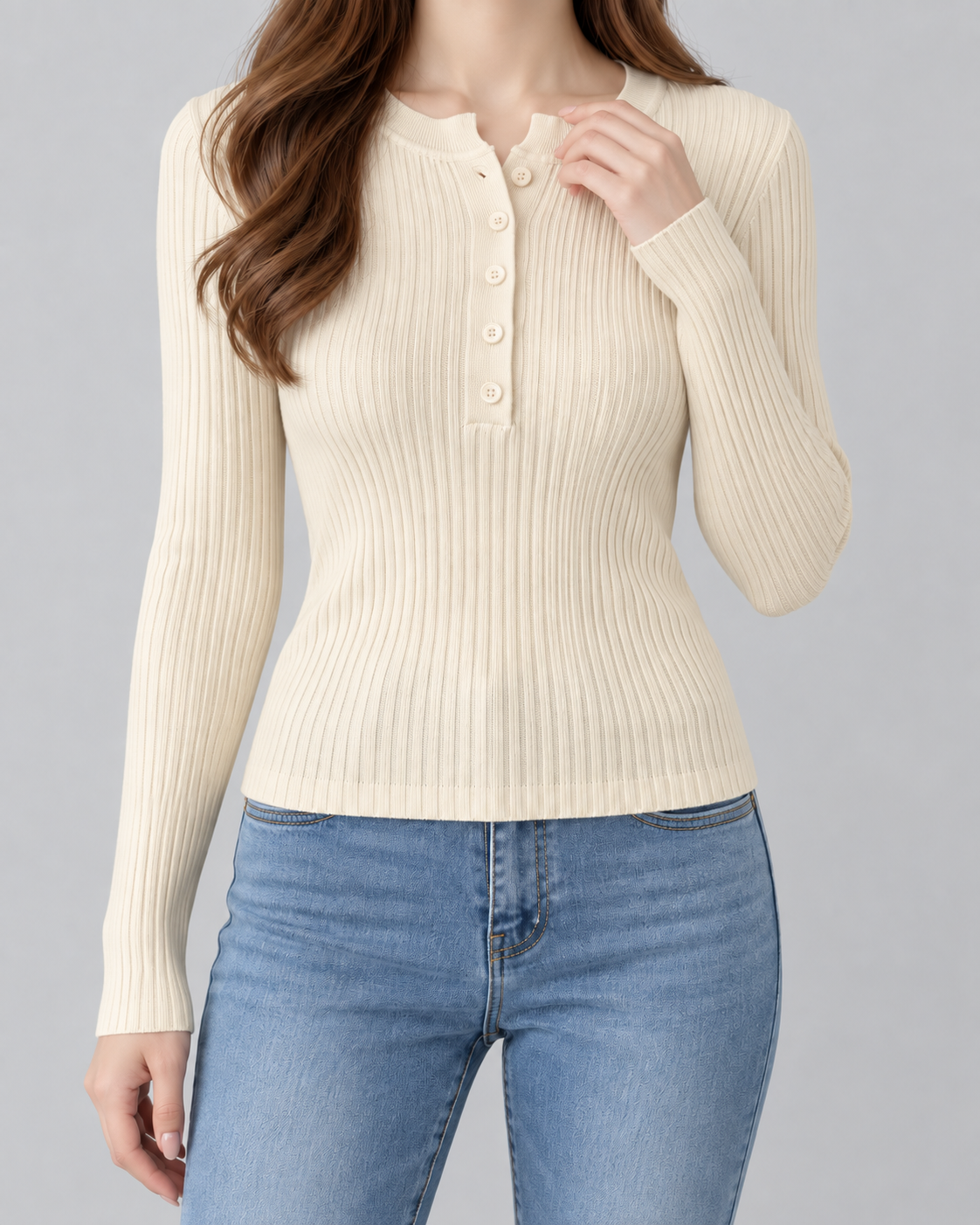 Women's Ribbed Henley Knit Top – Slim Fit Long Sleeve Button Neck