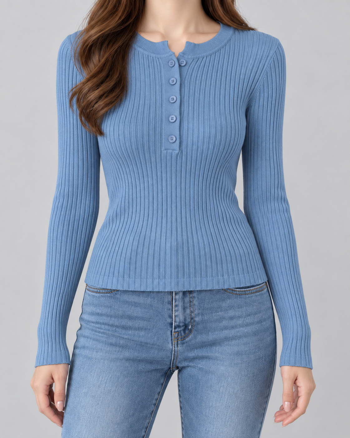 Women's Ribbed Henley Knit Top – Slim Fit Long Sleeve Button Neck