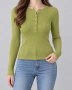 Women's Ribbed Henley Knit Top – Slim Fit Long Sleeve Button Neck