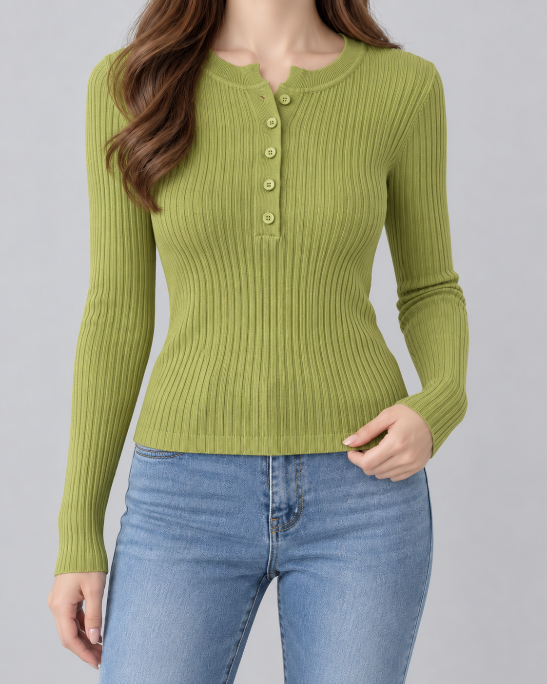 Women's Ribbed Henley Knit Top – Slim Fit Long Sleeve Button Neck