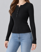 Women's Ribbed Henley Knit Top – Slim Fit Long Sleeve Button Neck