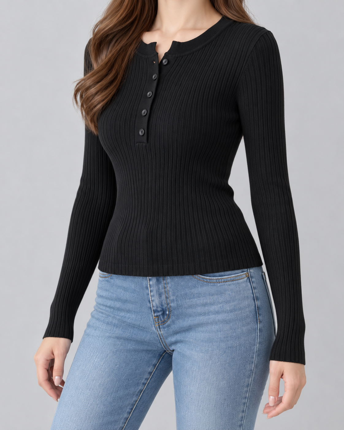 Women's Ribbed Henley Knit Top – Slim Fit Long Sleeve Button Neck