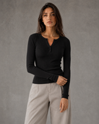 Women's Ribbed Henley Long Sleeve Top - Button Front Slim Fit
