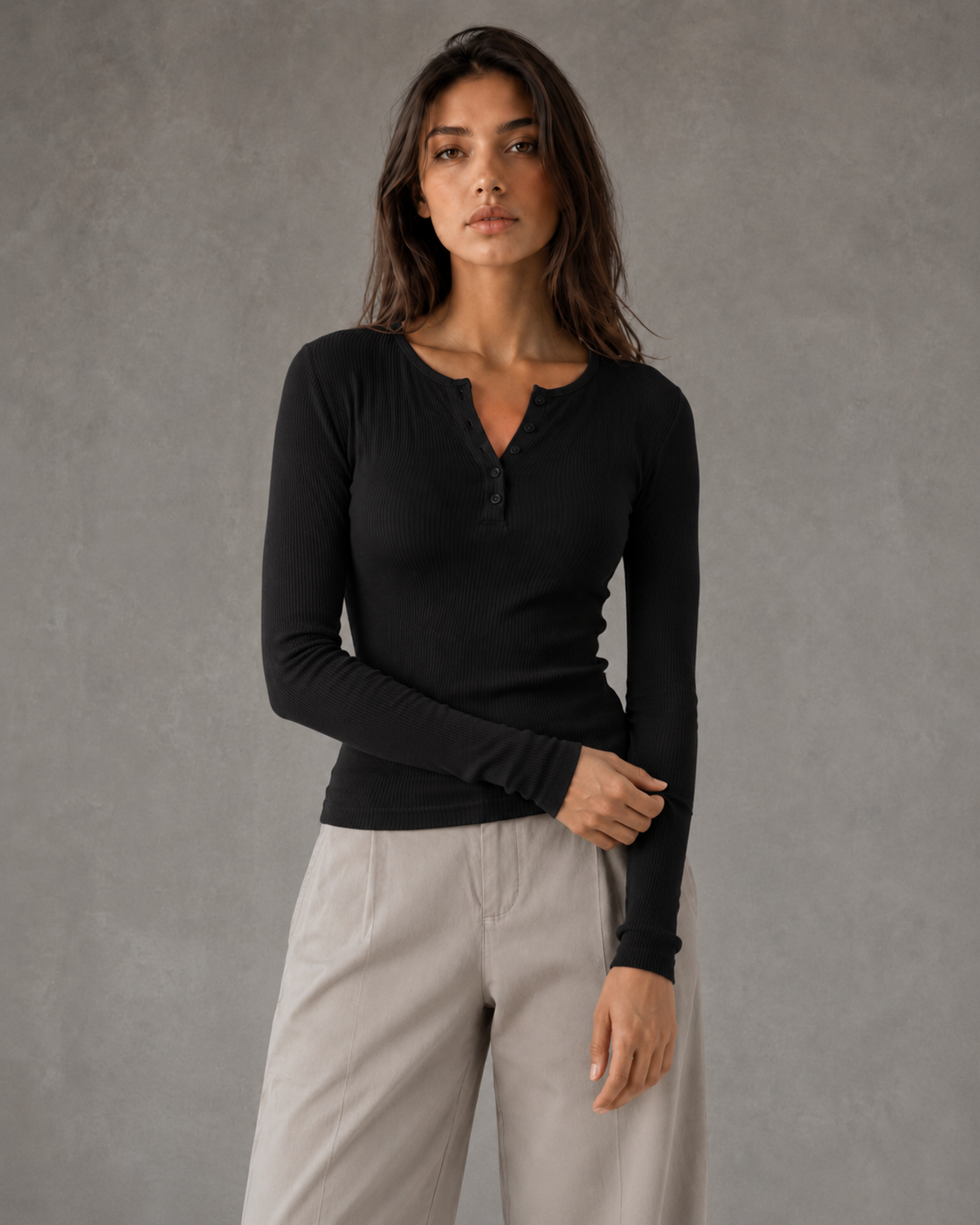 Women's Ribbed Henley Long Sleeve Top - Button Front Slim Fit