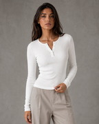 Women's Ribbed Henley Long Sleeve Top - Button Front Slim Fit