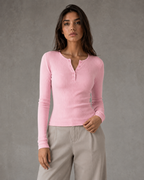 Women's Ribbed Henley Long Sleeve Top - Button Front Slim Fit