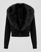Women's Ribbed Knit Cardigan - Plush Fur-Look Collar Cropped Fit