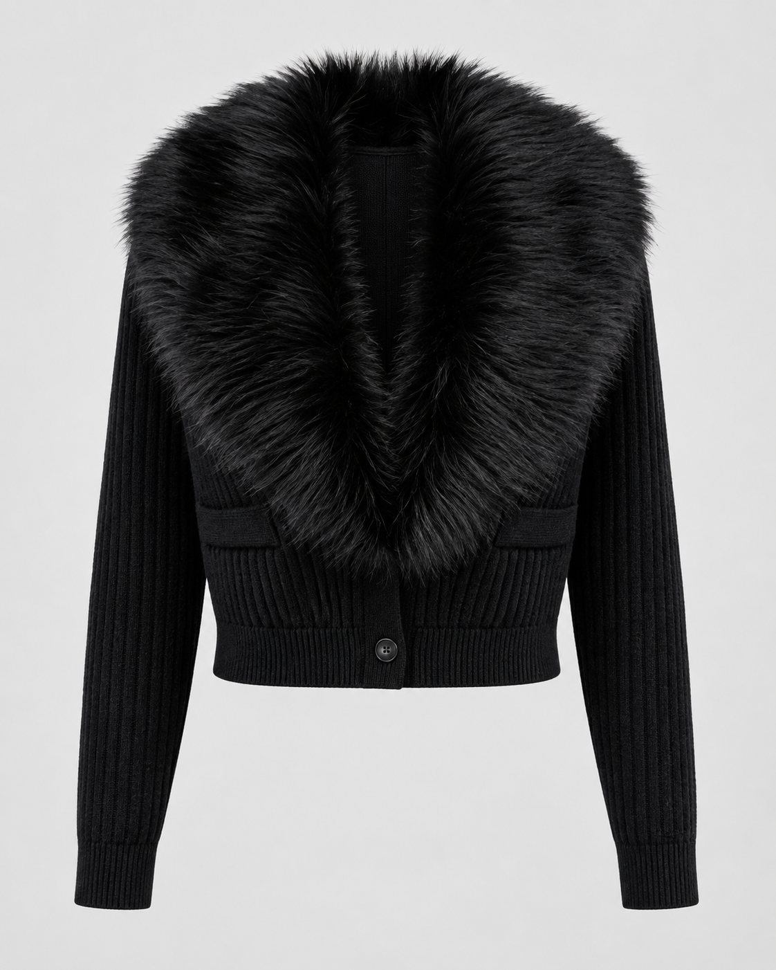 Women's Ribbed Knit Cardigan - Plush Fur-Look Collar Cropped Fit