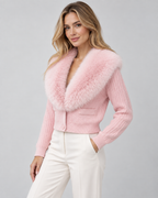 Women's Ribbed Knit Cardigan - Plush Fur-Look Collar Cropped Fit