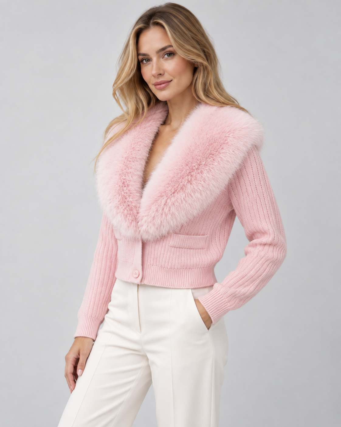 Women's Ribbed Knit Cardigan - Plush Fur-Look Collar Cropped Fit