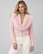 Women's Ribbed Knit Cardigan - Plush Fur-Look Collar Cropped Fit