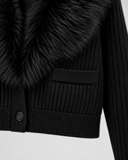 Women's Ribbed Knit Cardigan - Plush Fur-Look Collar Cropped Fit