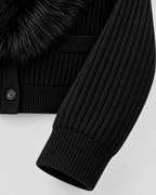 Women's Ribbed Knit Cardigan - Plush Fur-Look Collar Cropped Fit