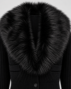 Women's Ribbed Knit Cardigan - Plush Fur-Look Collar Cropped Fit