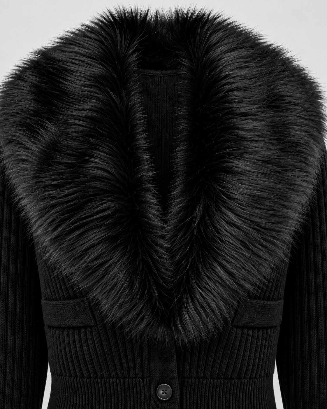 Women's Ribbed Knit Cardigan - Plush Fur-Look Collar Cropped Fit