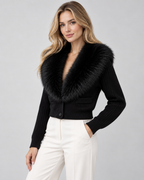 Women's Ribbed Knit Cardigan - Plush Fur-Look Collar Cropped Fit