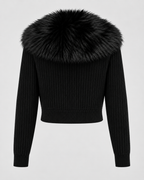 Women's Ribbed Knit Cardigan - Plush Fur-Look Collar Cropped Fit