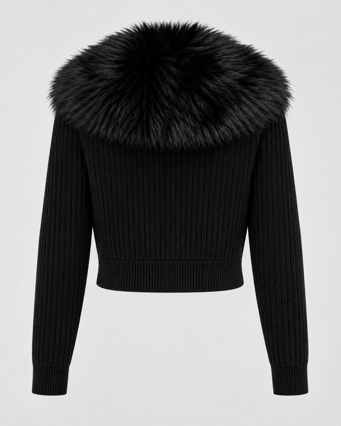 Women's Ribbed Knit Cardigan - Plush Fur-Look Collar Cropped Fit