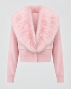 Women's Ribbed Knit Cardigan - Plush Fur-Look Collar Cropped Fit