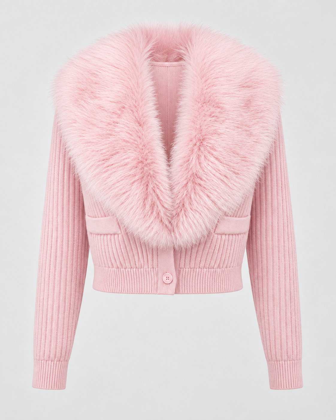 Women's Ribbed Knit Cardigan - Plush Fur-Look Collar Cropped Fit