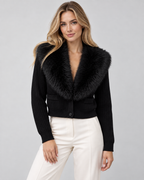Women's Ribbed Knit Cardigan - Plush Fur-Look Collar Cropped Fit