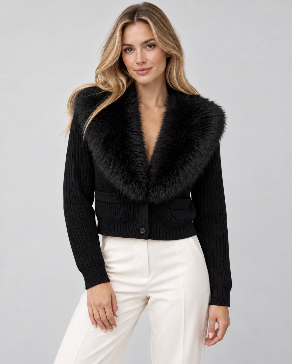 Women's Ribbed Knit Cardigan - Plush Fur-Look Collar Cropped Fit