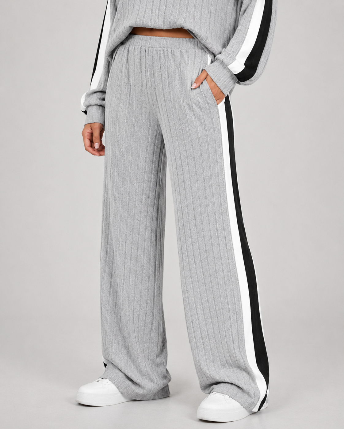 Women's Ribbed Polo Collar Co-Ord with Side Stripe