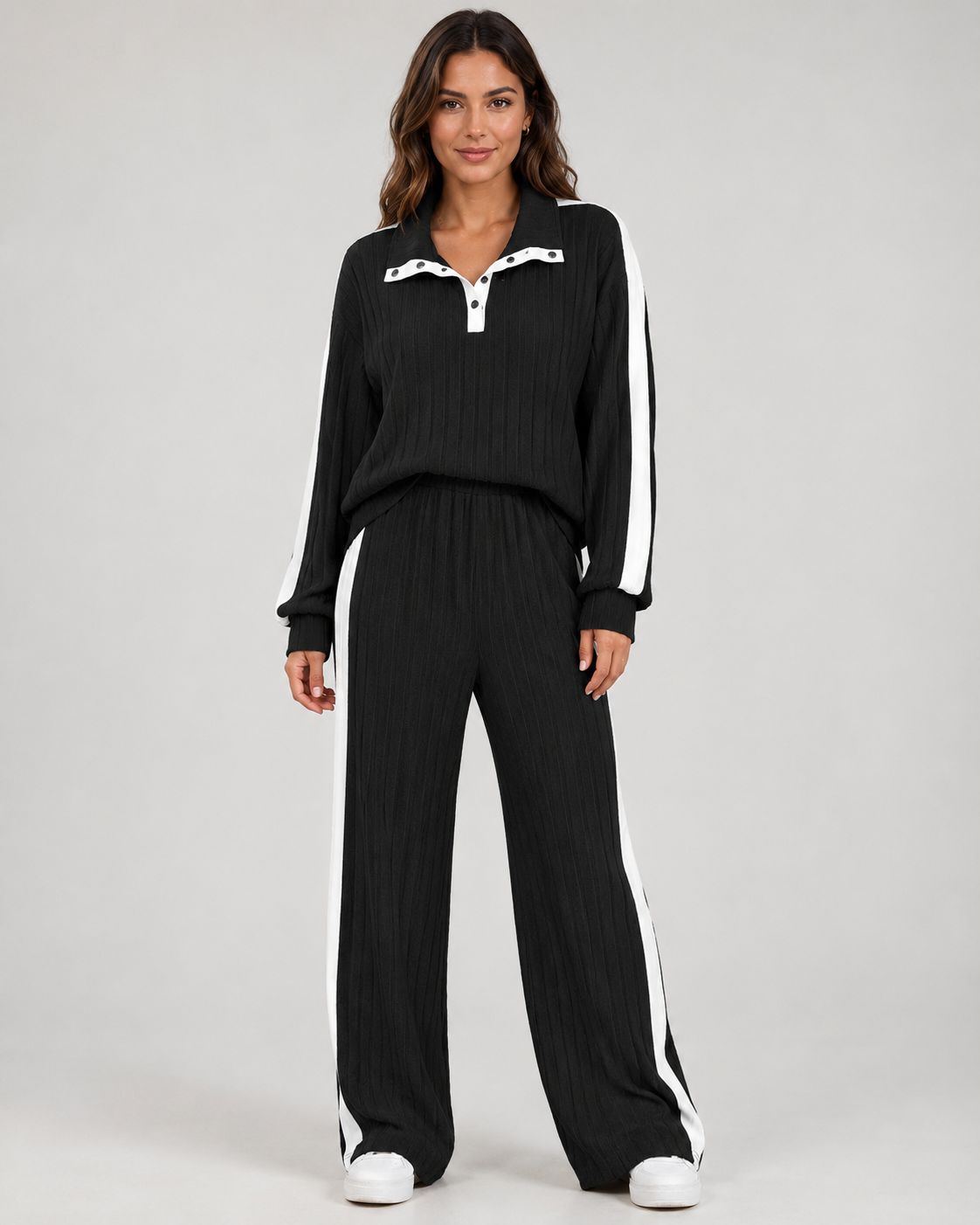 Women's Ribbed Polo Collar Co-Ord with Side Stripe