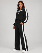 Women's Ribbed Polo Collar Co-Ord with Side Stripe