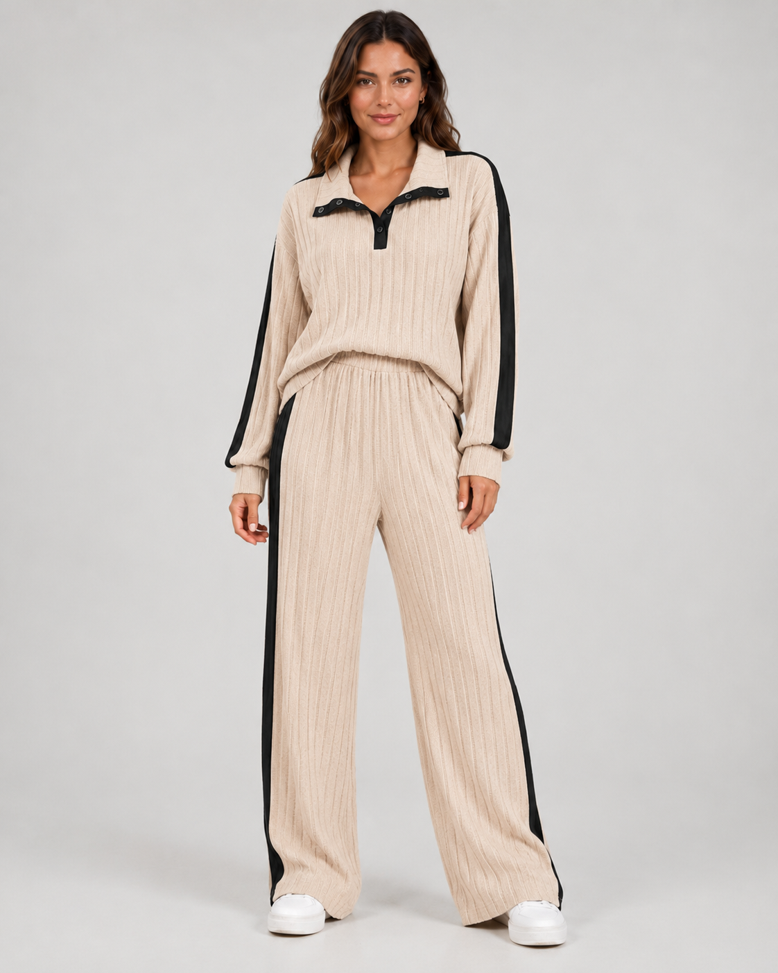 Women's Ribbed Polo Collar Co-Ord with Side Stripe