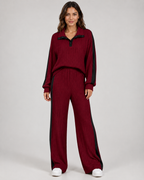 Women's Ribbed Polo Collar Co-Ord with Side Stripe