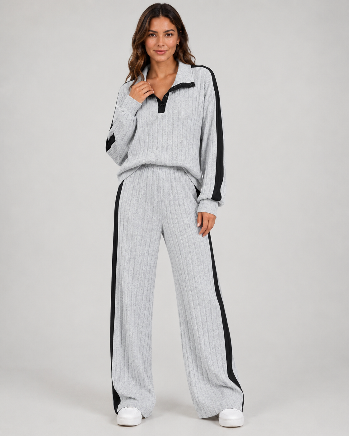 Women's Ribbed Polo Collar Co-Ord with Side Stripe